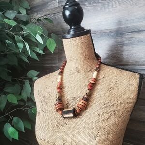 Boho Large Chunky Wooden Beaded Ethnic Necklace Earthly Tones